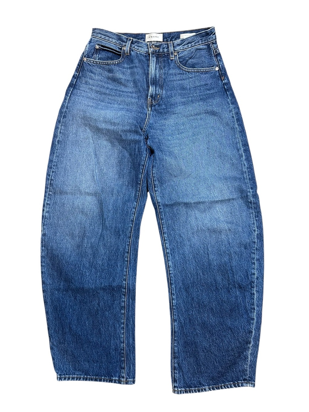 Frame bubble barrel jeans Westbury blue size 28 high rise full length revolve